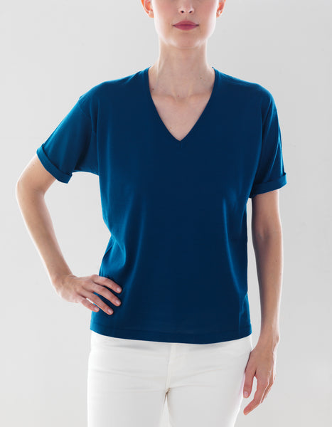 Luxo Knit T V-Neck - Deep Water Blue